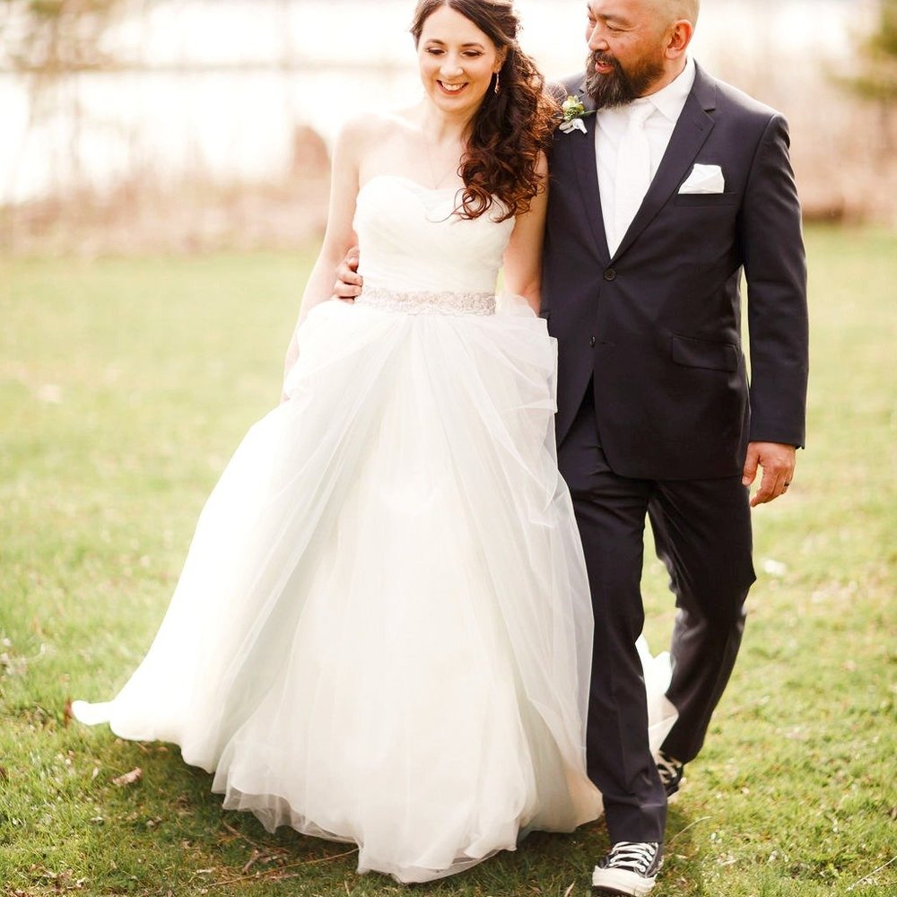 White Strapless Wedding Dress + Colorful overskirtt